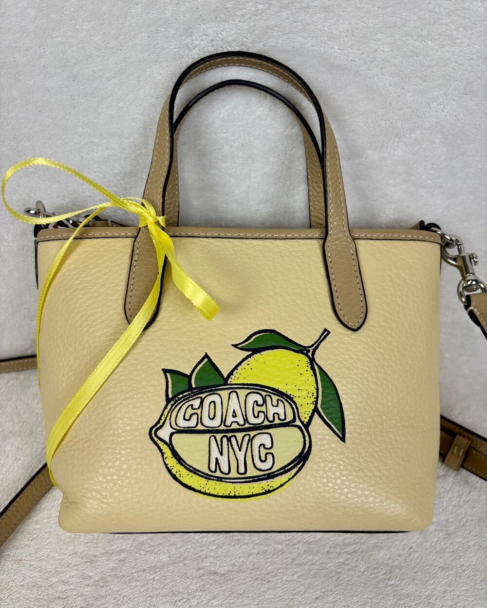 Coach City Mini Tote with Lemon Print in Cream Pebble Leather